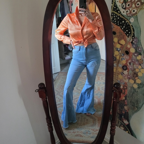 salmon, silky button up shirt - Picture 2 of 3